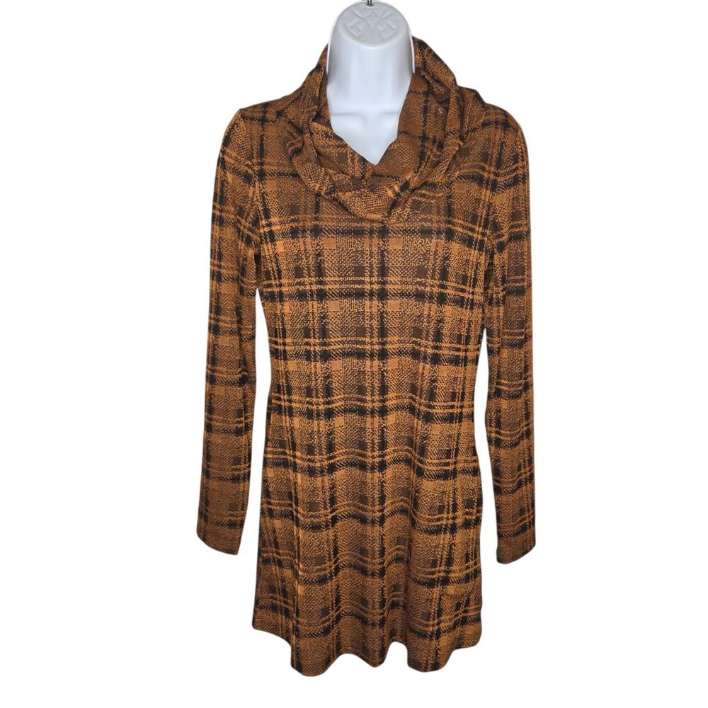 Attitudes by Renee Plaid Cowl Neck Tunic Dress XXS Brown Bronze Metallic Pockets